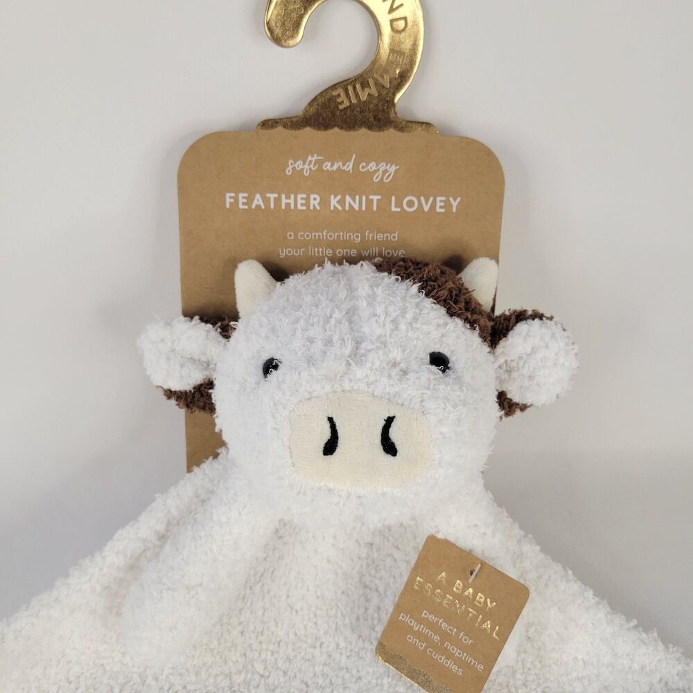Levi Emmi Cow White Plush Lovey Feather Knit Baby Security Blanket 15" Farm Calf